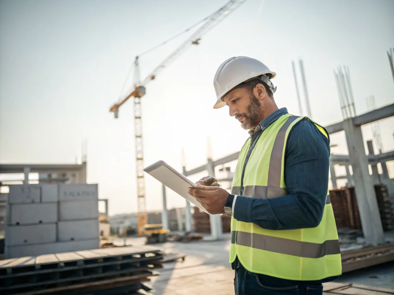 Architecte sur chantier avec tablette