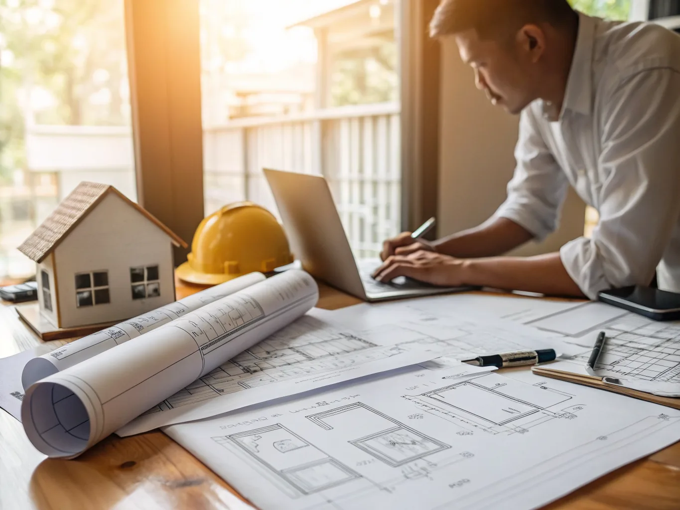 Ouvrier utilisant une tablette sur chantier